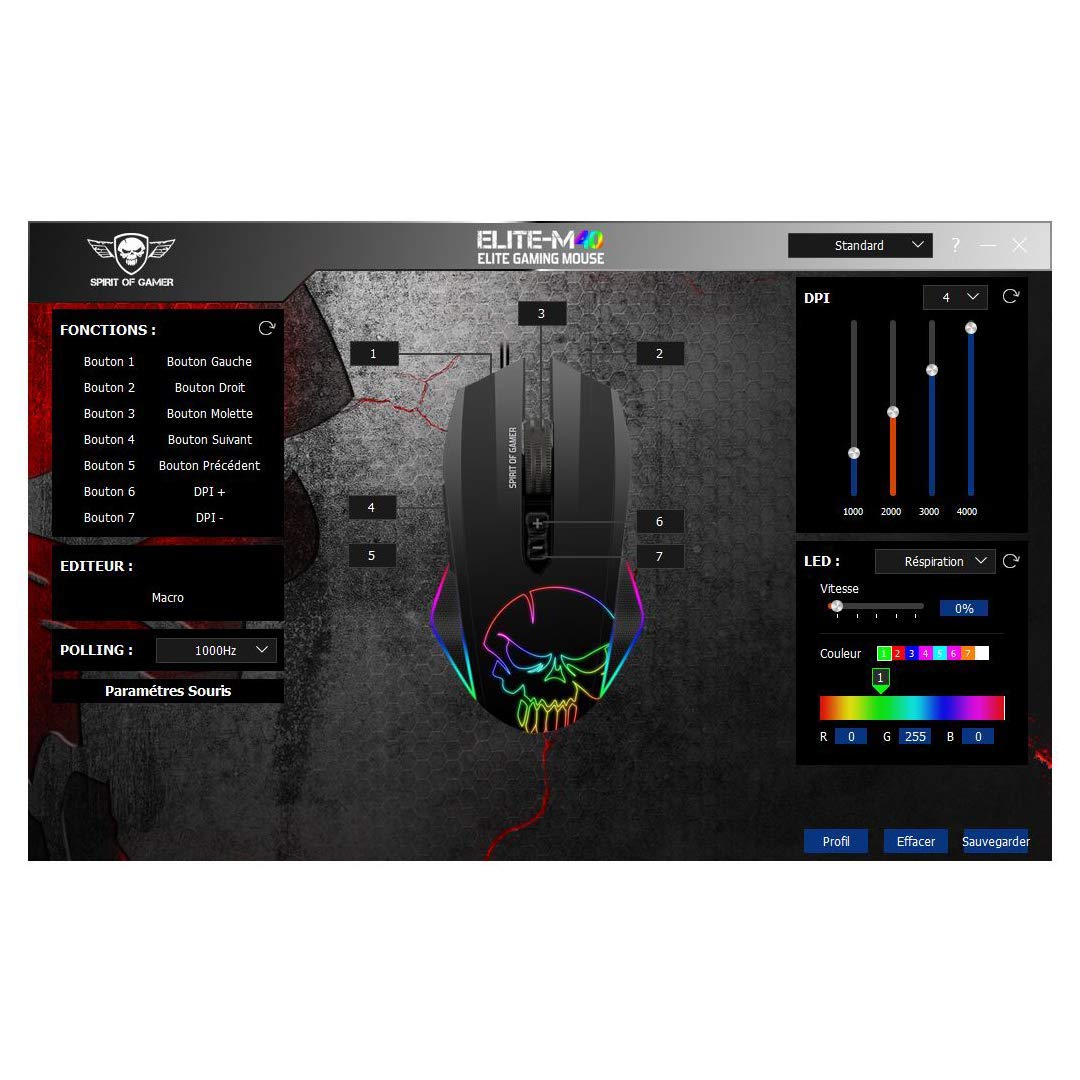 SPIRIT OF GAMER- Gaming mouse ELITE-M40 - LED backlight with 10 effects + RGB colors - 6 resolution levels - Up to 4000 DPI Max - 5 customizable profiles - 7 programmable buttons.