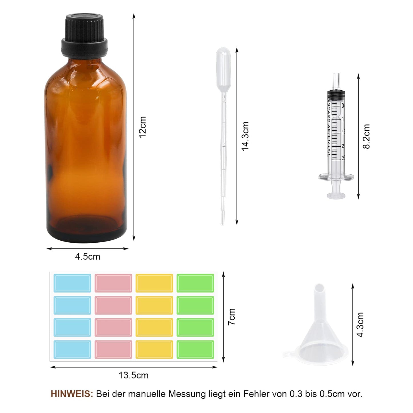 Episkey 12 Pack Brown Glass Bottle 100ml, Glass Dropper Bottle Brown Apothecary Bottle Set including small glass bottle dropper funnel syringe and label (Brown, 100ml)