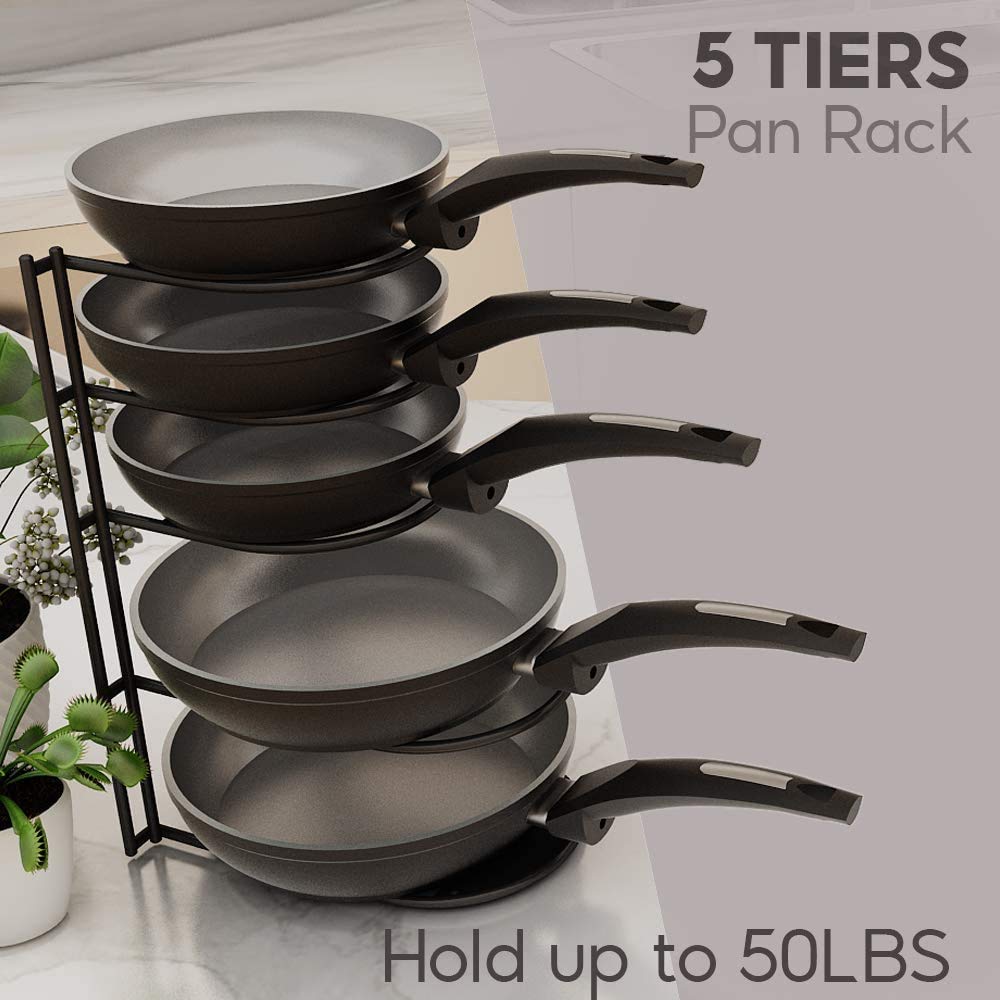 SASONCO Pan Organizer, Pot Organizer, sturdy 5-tier rack for cast iron pans, griddles, and flat pots, heavy-duty steel construction