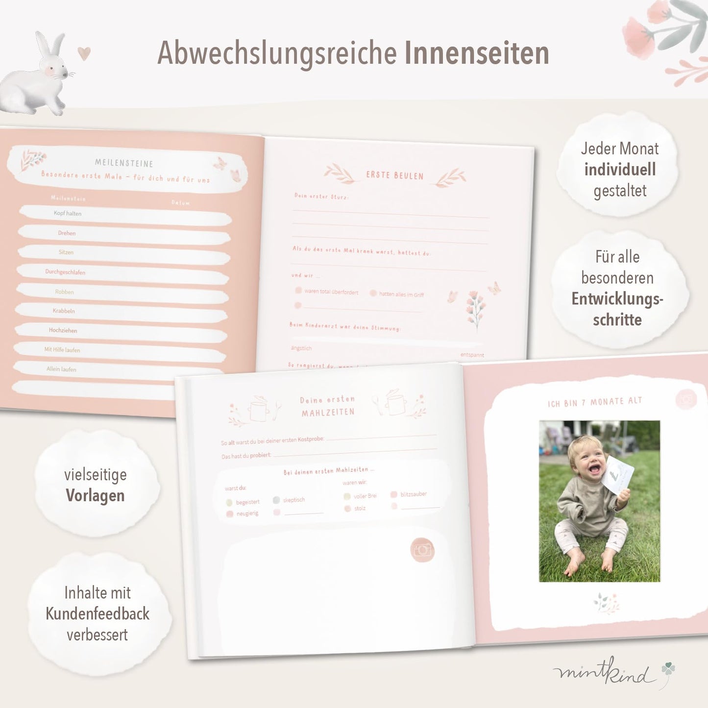 mintkind® Baby Album "My First Year" Flower + Sticker Set | Baby Photo Album for Personalization | Baby Gift for Girl and Boy | Baby Book for Memories | Baby Journal from 0 Months