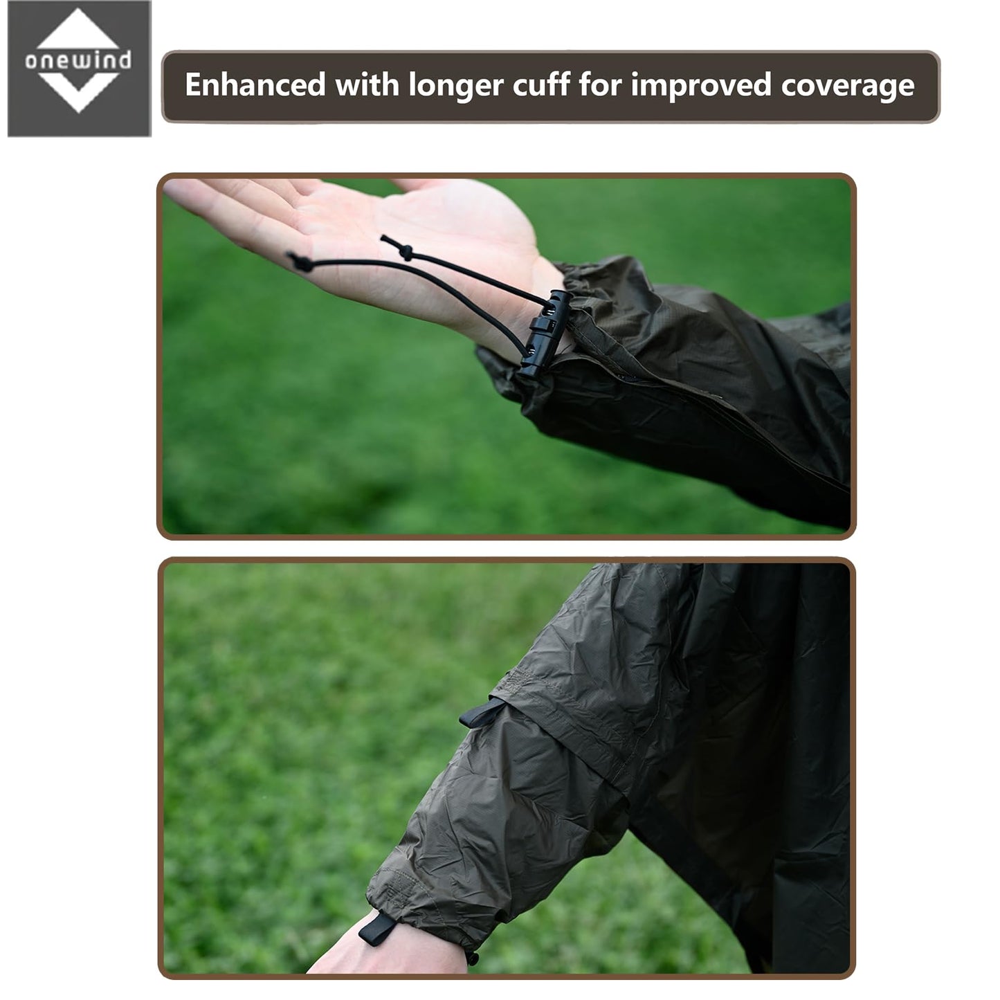 Onewind rain poncho for men and women, lightweight waterproof raincoat with hood and adjustable straps for camping, hiking, trekking, OD green.