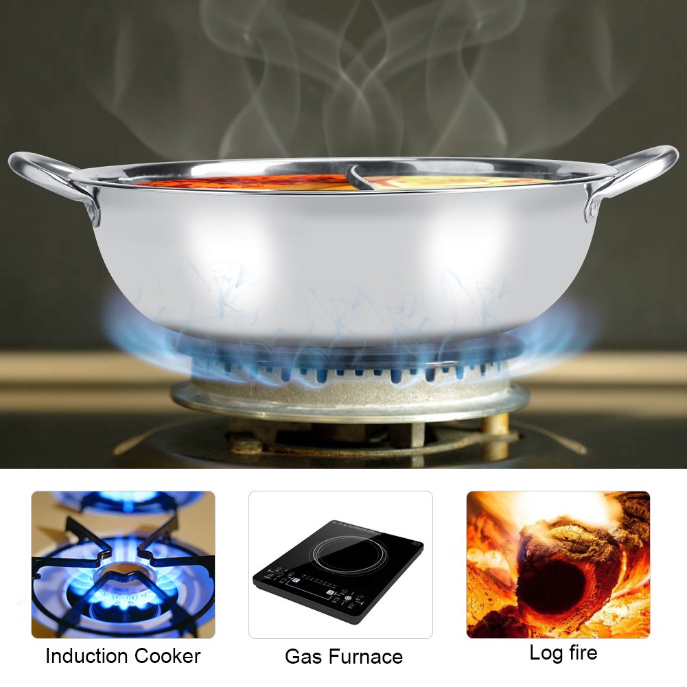 Chinese Hot Pot, Two Room Shabu-Shabu Stainless Steel Pot Deep Pot for 4-5 people, used with induction cooker/gas stove/electric oven/ceramic hob - Silver (34cm)