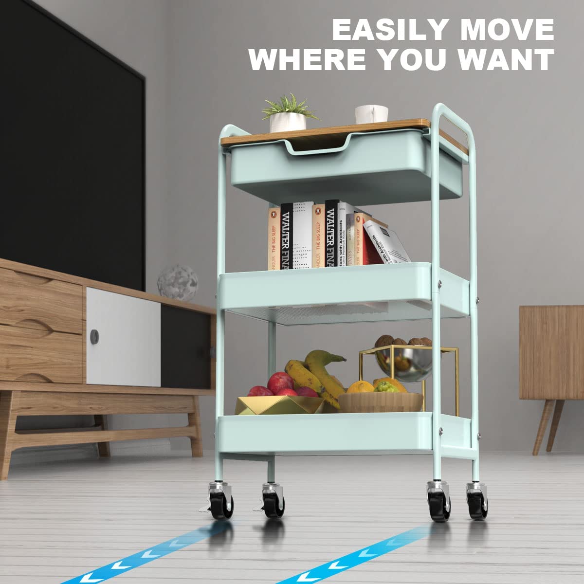 Shrivee 3-tier kitchen cart with table and drawer, multipurpose trolley, metal utility cart, shelf cart for office salon, multipurpose cosmetics, serving cart for kitchen, bathroom, office (light green)