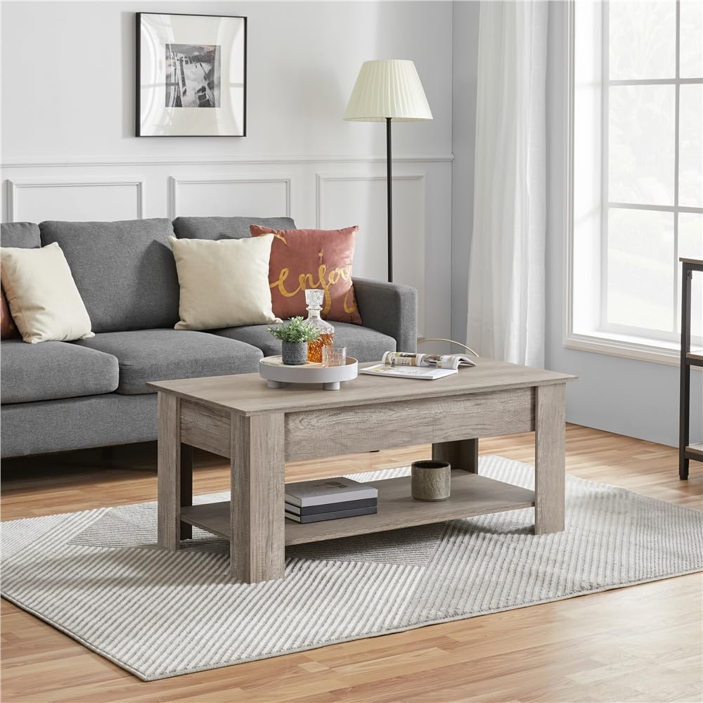 Yaheetech Coffee Table Height Adjustable Sofa Table with Storage Shelves Metal Frame Side Table for Living Room, Gray