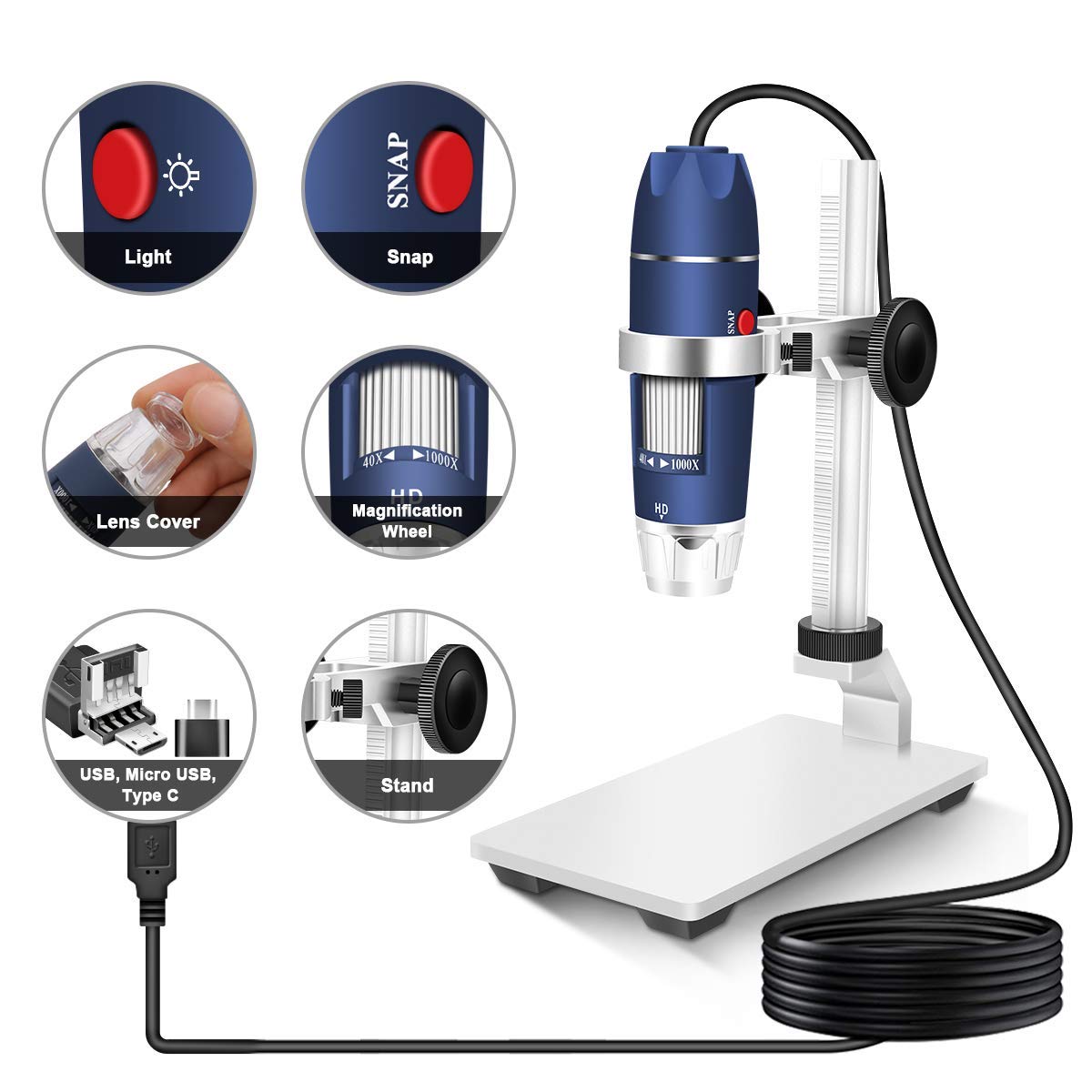 Jiusion HD 2MP USB Digital Microscope 40-1000X Portable Magnification Endoscope Camera with 8 LEDs Stable Aluminum Alloy Stand for OTG Android Mac Windows 7 8 10 11 Linux