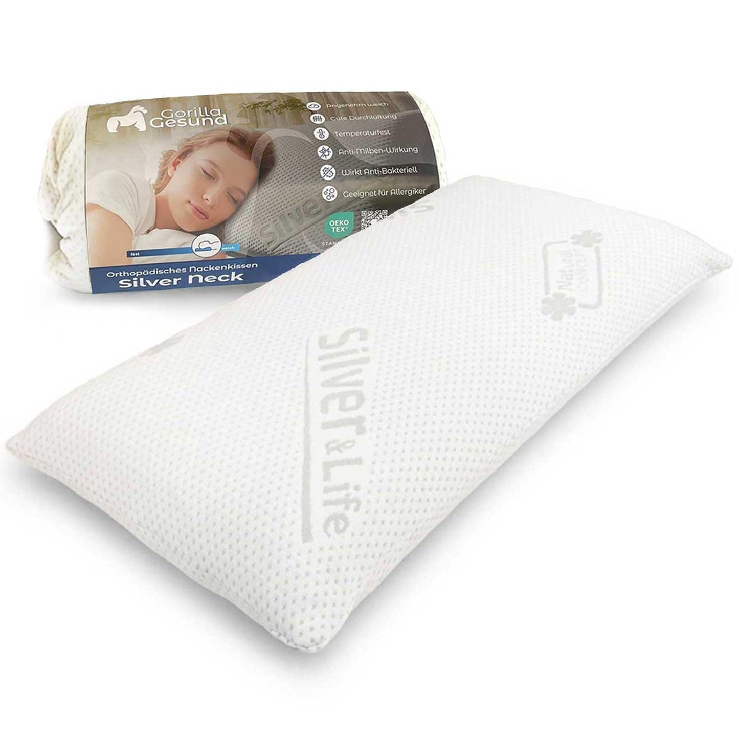Gorilla Healthy Orthopedic Neck Pillow Silver Neck - viscoelastic pillow, memory foam headrest with Silver & Life cover - 70x34cm - height 13cm