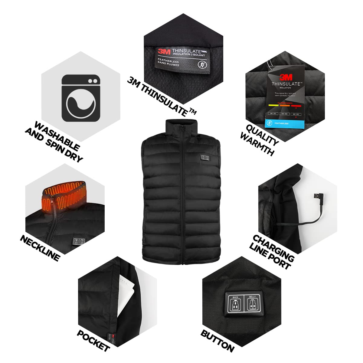 Warm Storm USB Heated Vest with 3 heating levels. Machine washable, suitable for both men and women. Perfect for outdoor work, camping. Includes 10000mAh battery. (XL, Black)