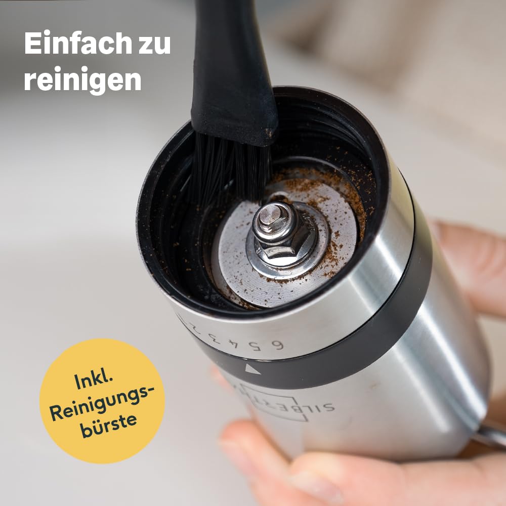 SILBERTHAL Manual Coffee Grinder with Stainless Steel Conical Burr - Stepless precise grind settings - Stainless steel and glass hand mill - Ideal for on the go, camping, vacation.