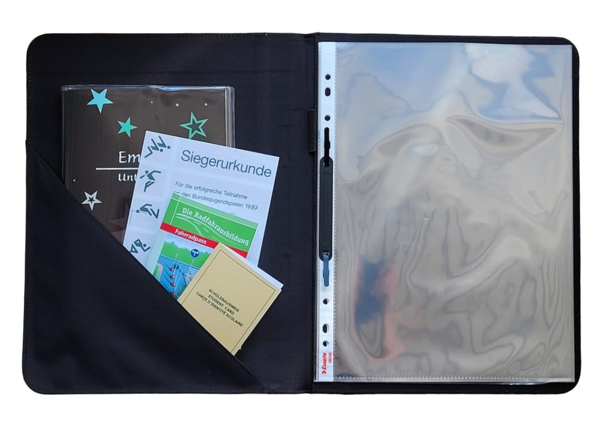CreaDesign Customizable A4 school certificate folder for kids - 26.7 x 32.7 x 1 cm, expandable to up to 20 compartments, clear book without plastic sleeves, soccer boy goalkeeper design, document holder for students