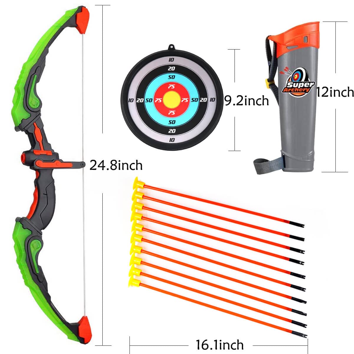 AUVIM Archery Set bow and arrow set for kids with LED lights. Includes 1 target, 10 suction cup arrows, and 1 arrow holder. Toy bow set for boys and girls ages 6 and up. Perfect for outdoor and indoor play.