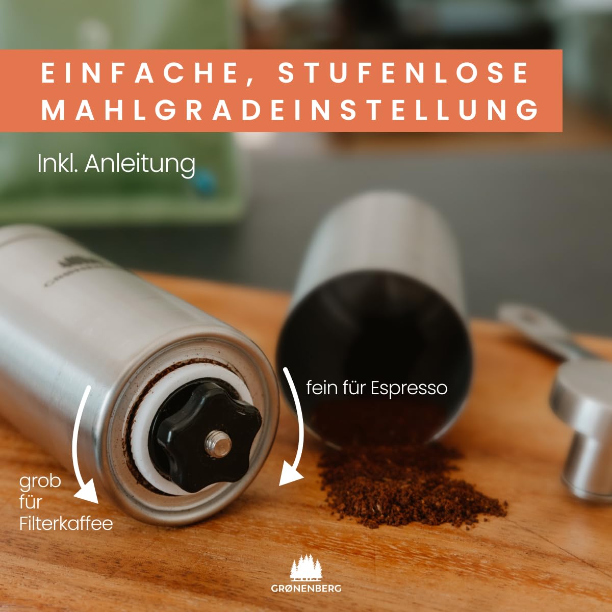Groenenberg manual coffee grinder I High-quality stainless steel coffee grinder I Espresso grinder with infinitely adjustable conical burr I Manual coffee mill.