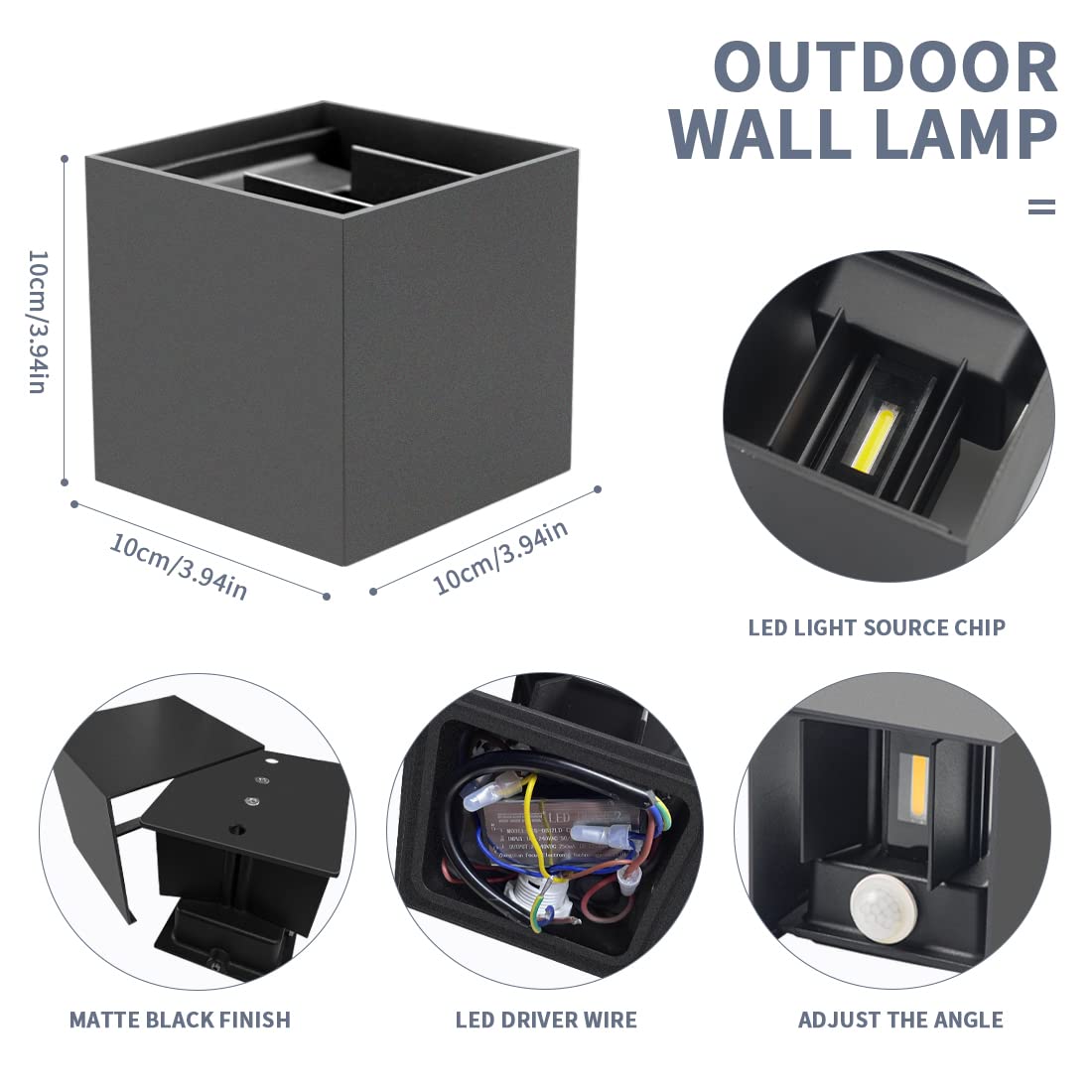 BOYIR 12W LED wall light for indoor/outdoor use with motion sensor. Modern up/down design with adjustable beam angle. Waterproof IP65 outdoor wall lamp in 3000K warm white.