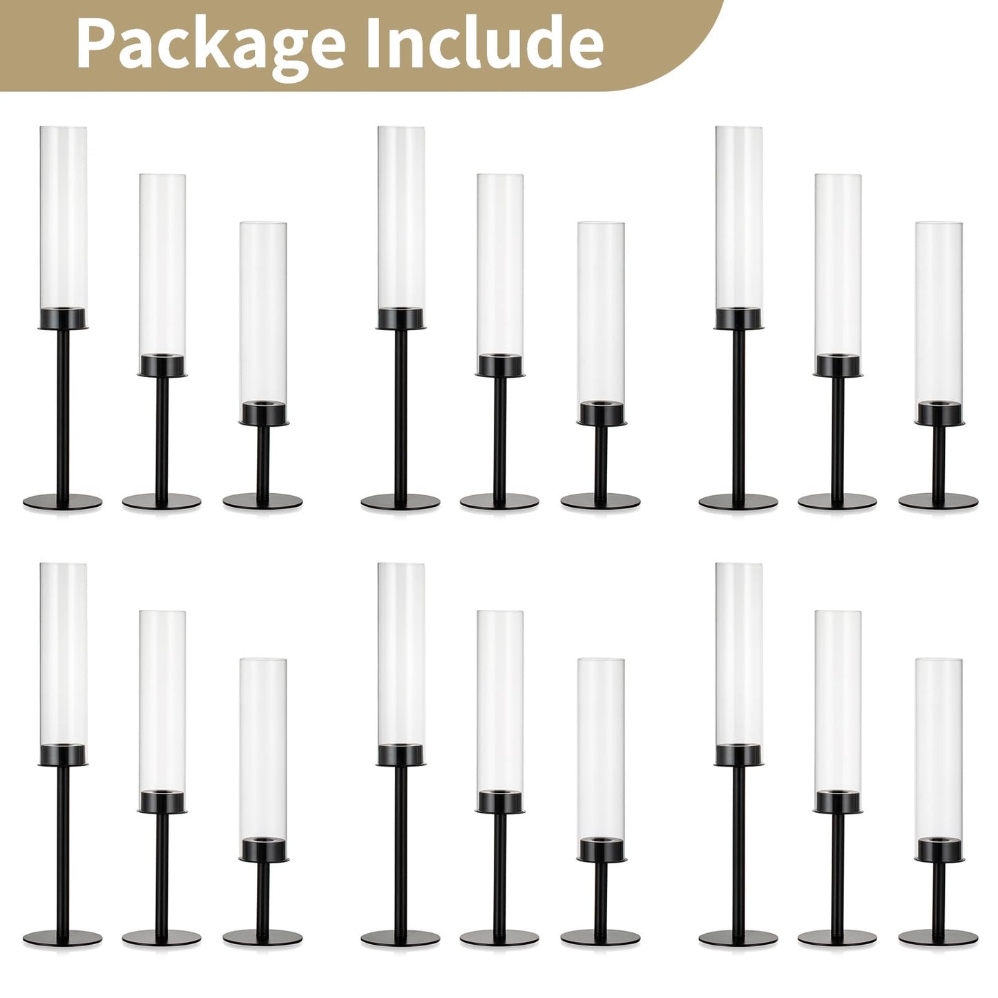 Nuptio Glass Cylinder Candle Holder Metal Black - 18 pieces Cone Candle Stand Taper Candle Pack for Candles, Clear Glass Hurricane Shade Top Candle Modern Wedding Christmas Table Dinner