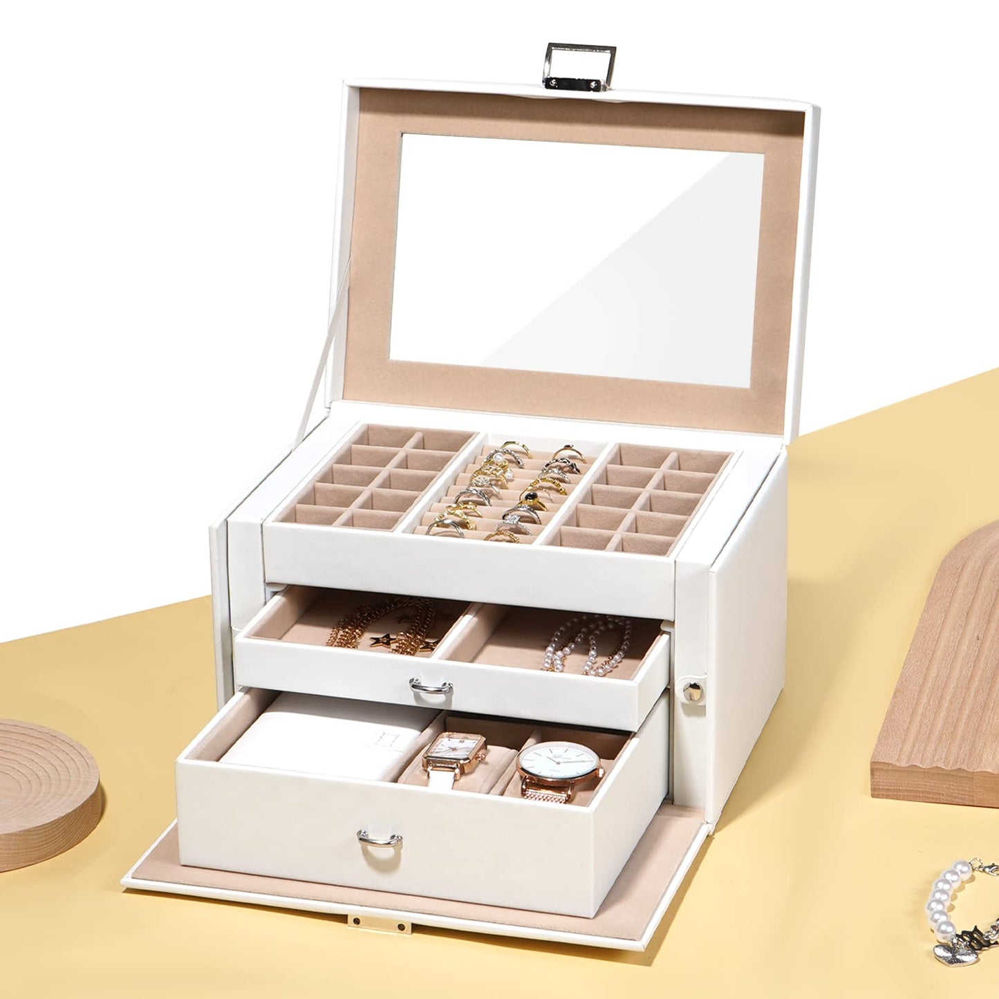Three Croissants Jewelry Box, with transparent lid, jewelry box with 3 levels, jewelry organizer with 2 drawers, featuring a portable mini box for travel, storage, gift idea, white.