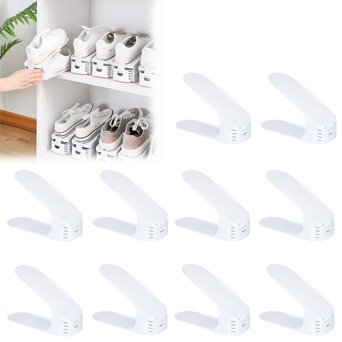 LILIIN 30pcs Adjustable Shoe Racks Non-Slip Shoe Stacker 3 Height Adjustable Shoe Storage Shoe Organizer (30pcs, White)