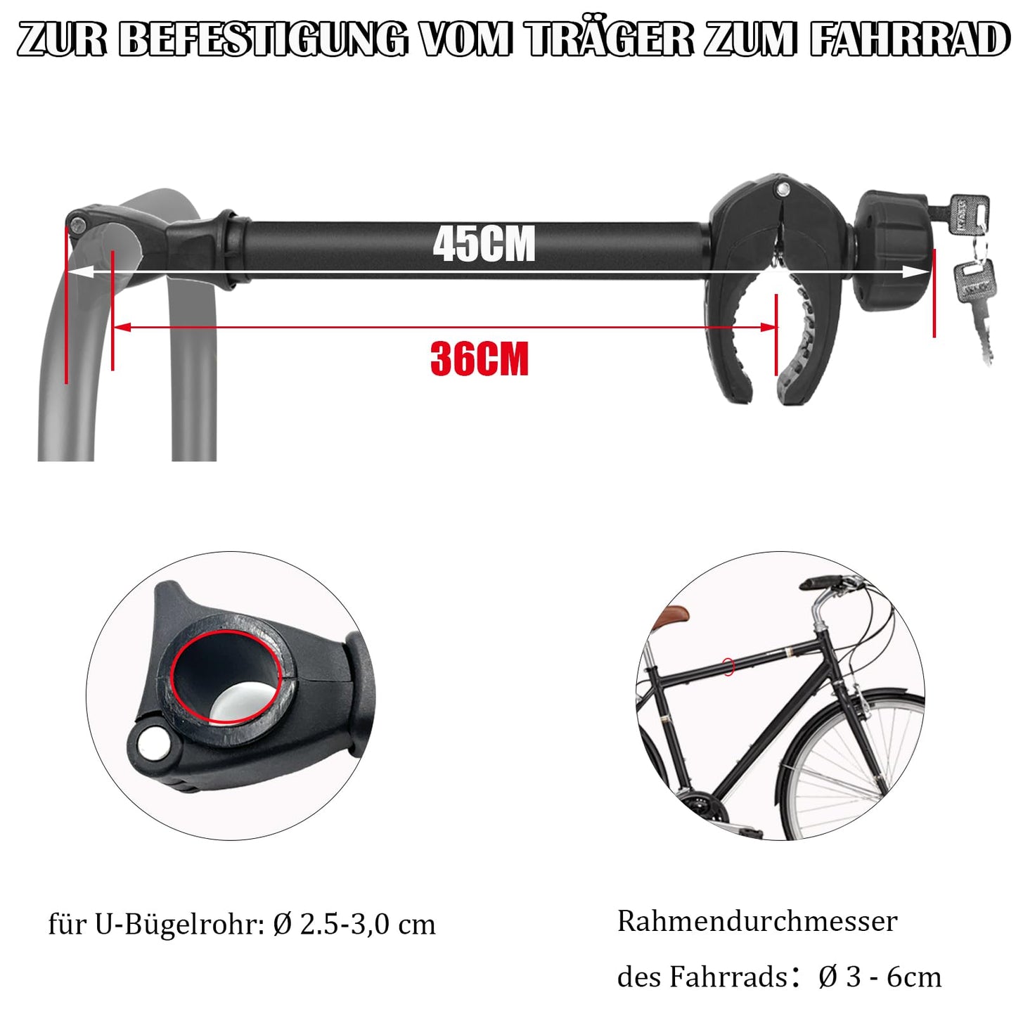 Sorlpv frame holder for bike carrier 45cm length, universal short bike frame holder lockable, frame holder for U-bar tube: Ø 2.5-3cm, for bike frame diameter: Ø 3-6cm.