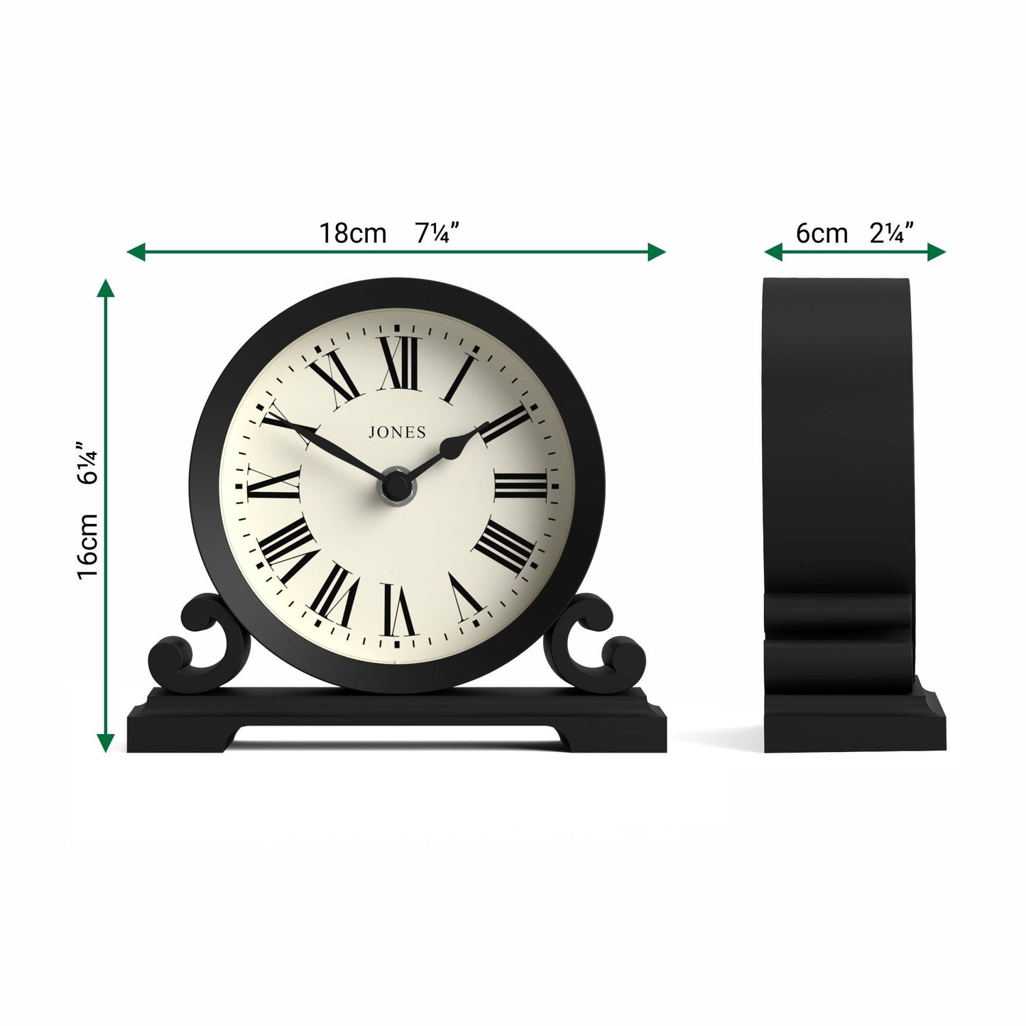 JONES CLOCKS® Saloon Mantel Clock | Traditional double bell design | Black | Roman numerals | Classic style for desk, table, shelf, or nightstand