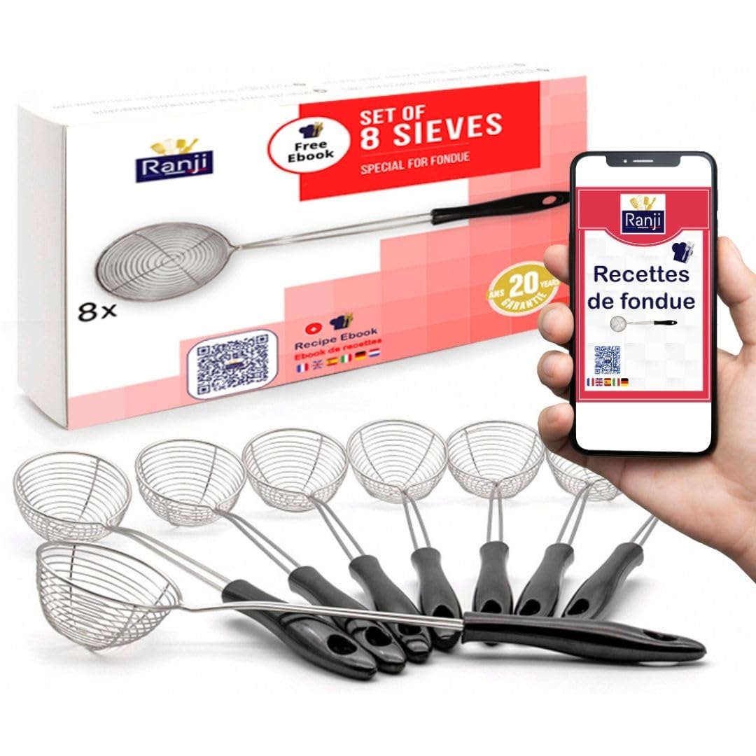Ranji® - 8 mini fondue sieves & fondue forks made of stainless steel - perfect for Chinese fondue, cheese fondue, meat fondue & chocolate fondue - also suitable as a sieve for frying & bubble tea.