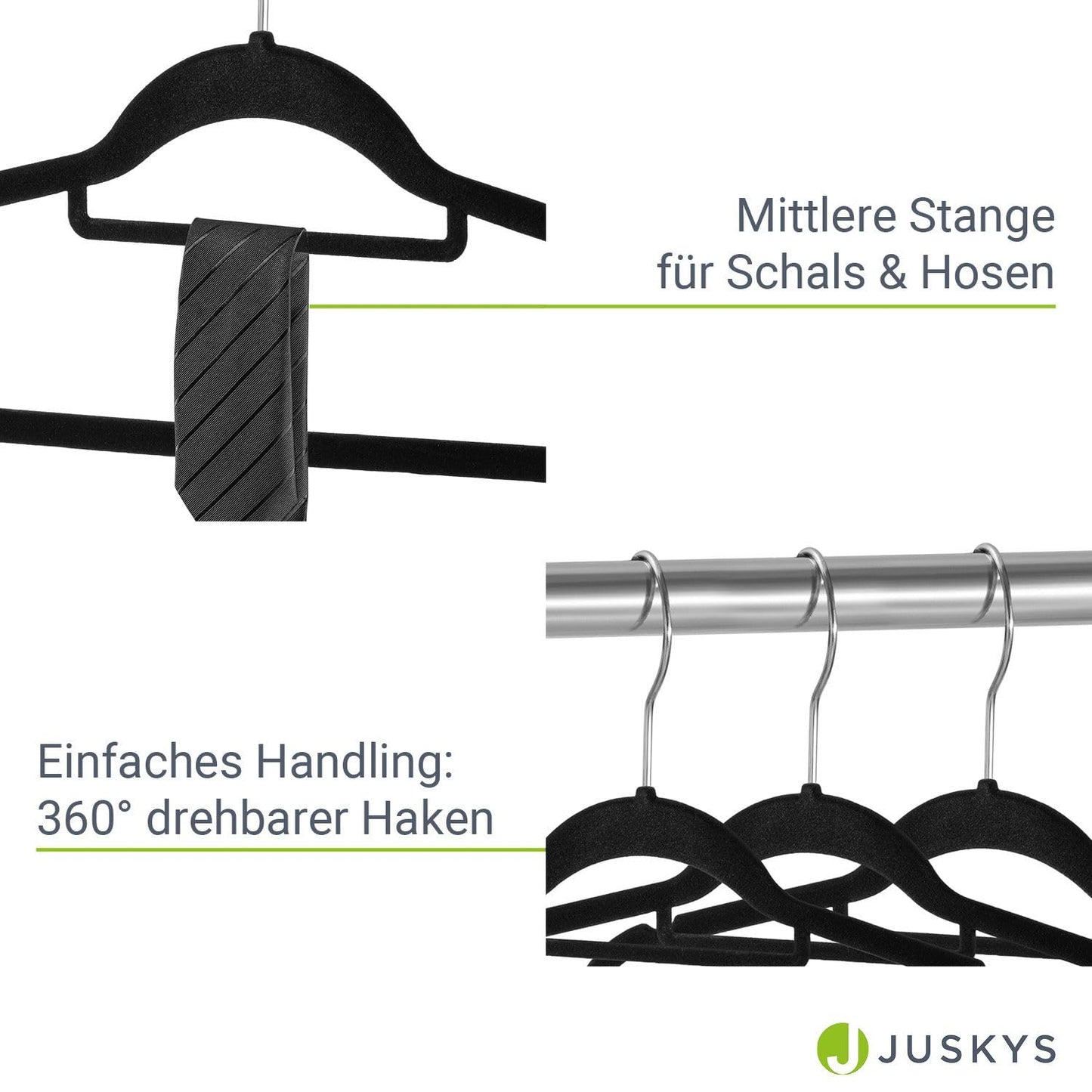Juskys Velvet Hangers 50-piece Set - nonslip, slim, space-saving - flocked velvet hangers - swivel hooks - 50 Black Hangers