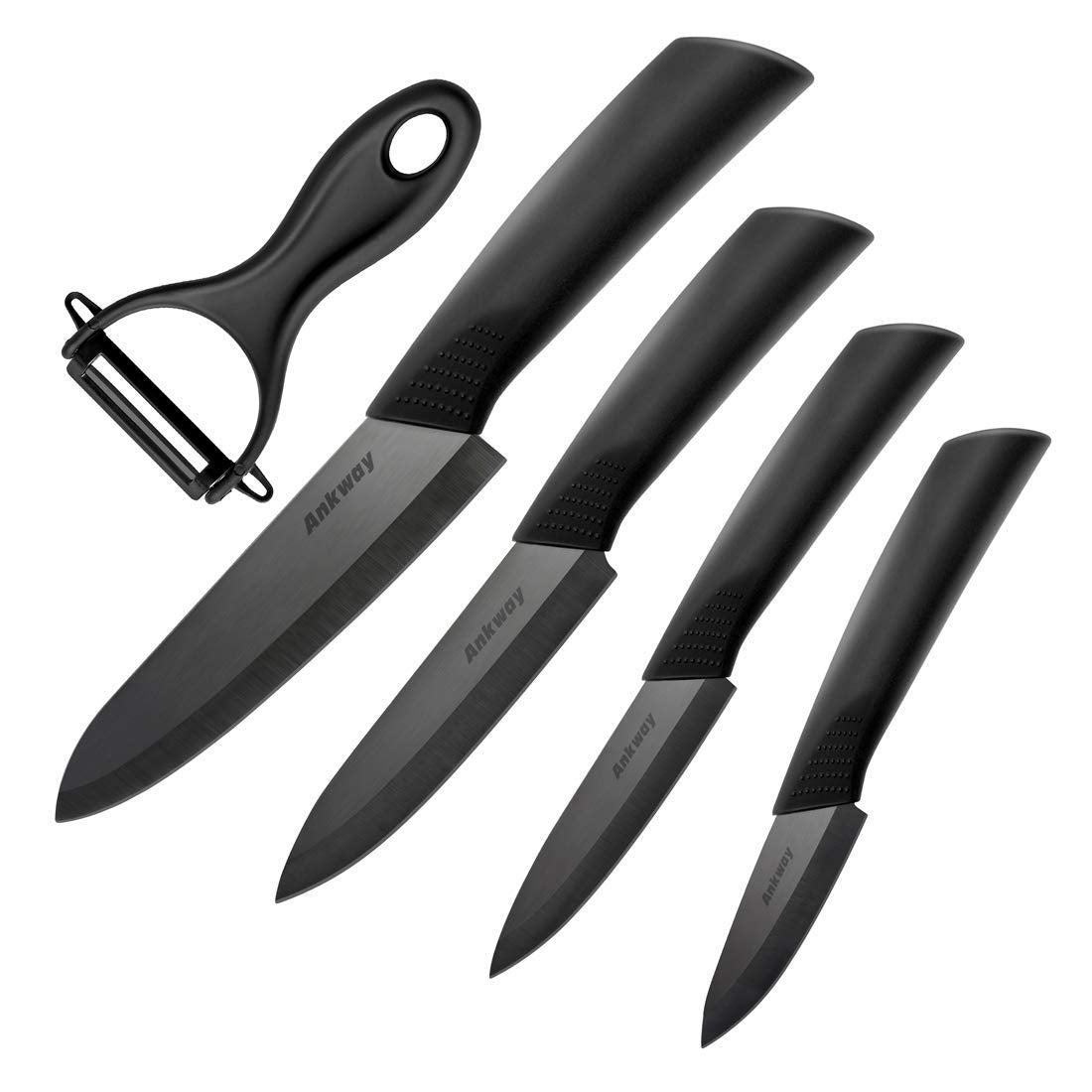 Ankway Ceramic Knife Set with Protective Cover 5 Pieces, 2023 Knife with Peeler Kitchen Knife Set Knife Cutting Knife Chef's Knife Sharp Cake Knife for Meat Fruit Vegetables, Black.