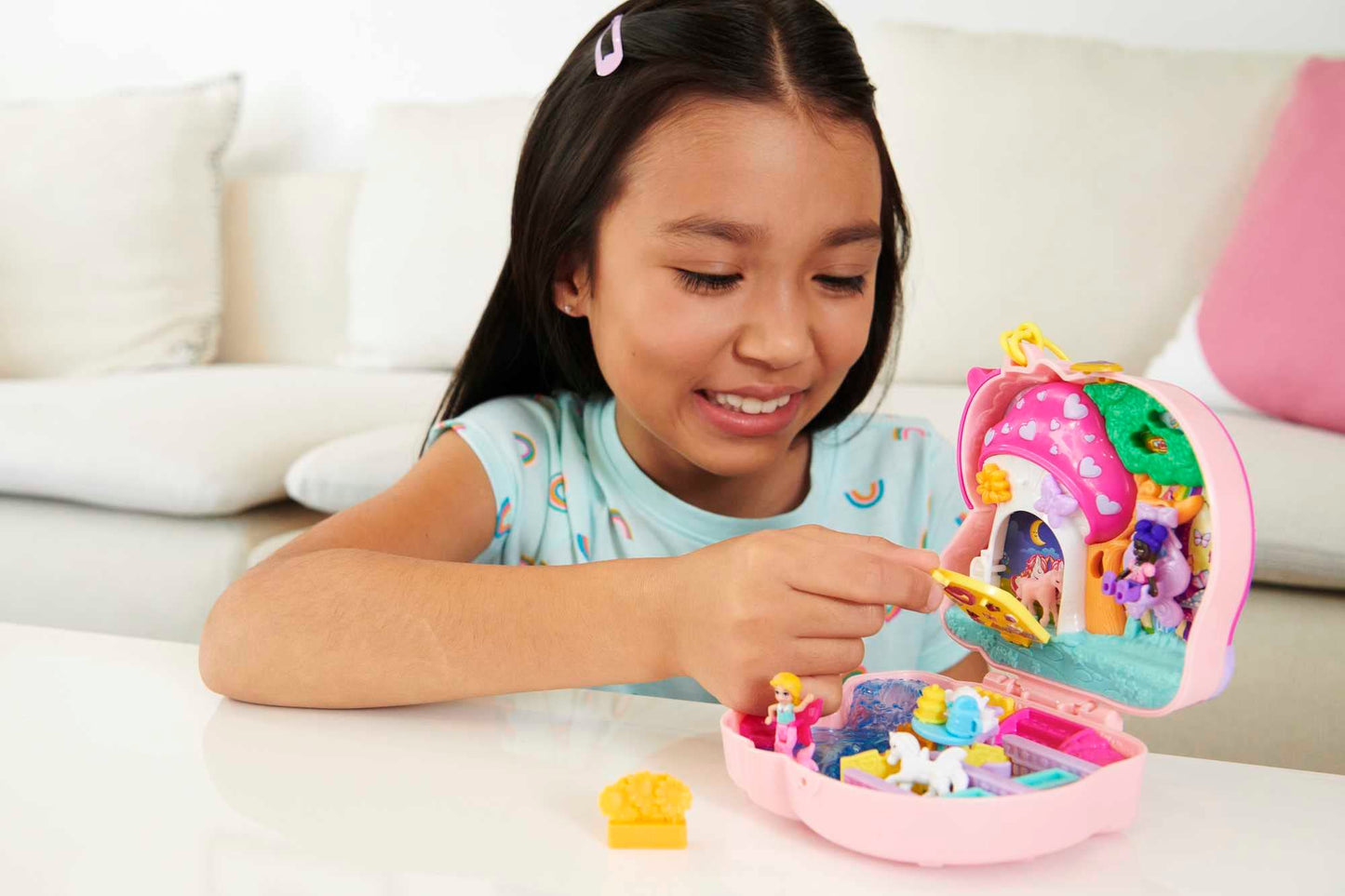 Polly Pocket Unicorn, in Enchanted Forest theme, with 13 accessories including 2 dolls (1 mermaid), tea set, and unicorn pets, toy for ages 4 and up, HCG20