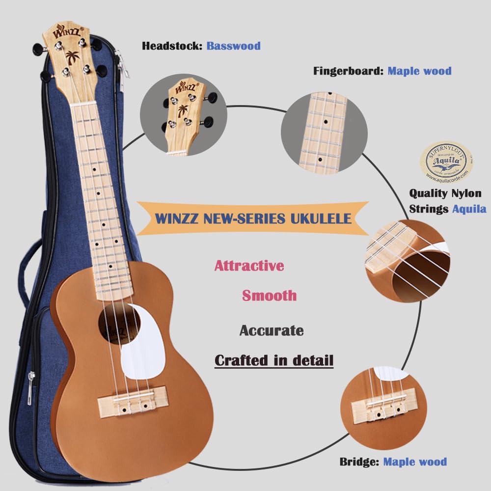 Winzz Ukulele Adult Beginner Set, Concert Ukulele 23 Inch, Kids Starter Kit with 9 Accessories (Color: Brown, Wood)