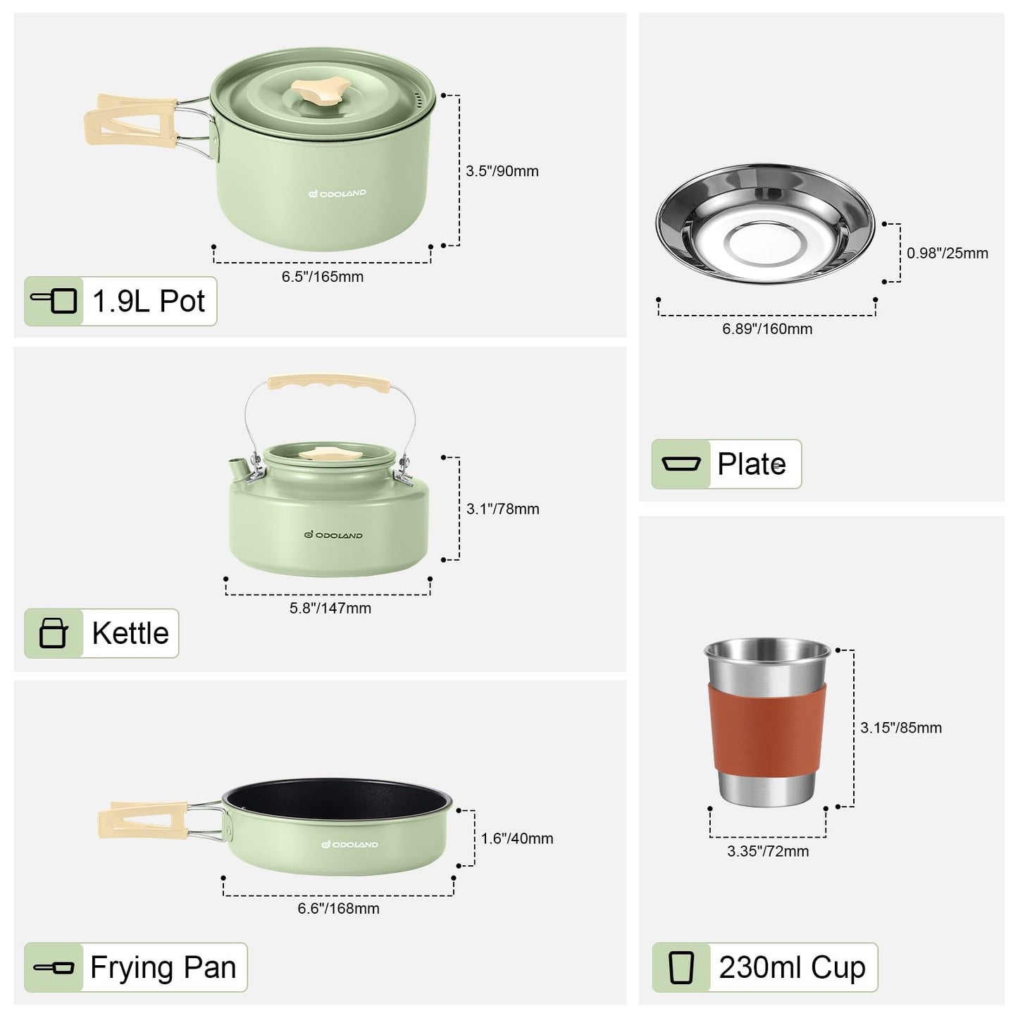 Odoland Camping Cookware Set Non-stick Pot and Pan Set with Kettle, Stainless Steel Utensils Mess Kit, Cups Plates Knives Spoons Forks for Outdoor Cooking