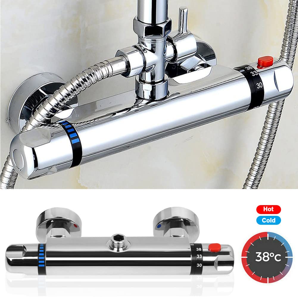 Thermostatic shower faucet with 38°C safety button, temperature control, wall-mounted, 1/2" shower thermostatic mixer tap for bathroom.