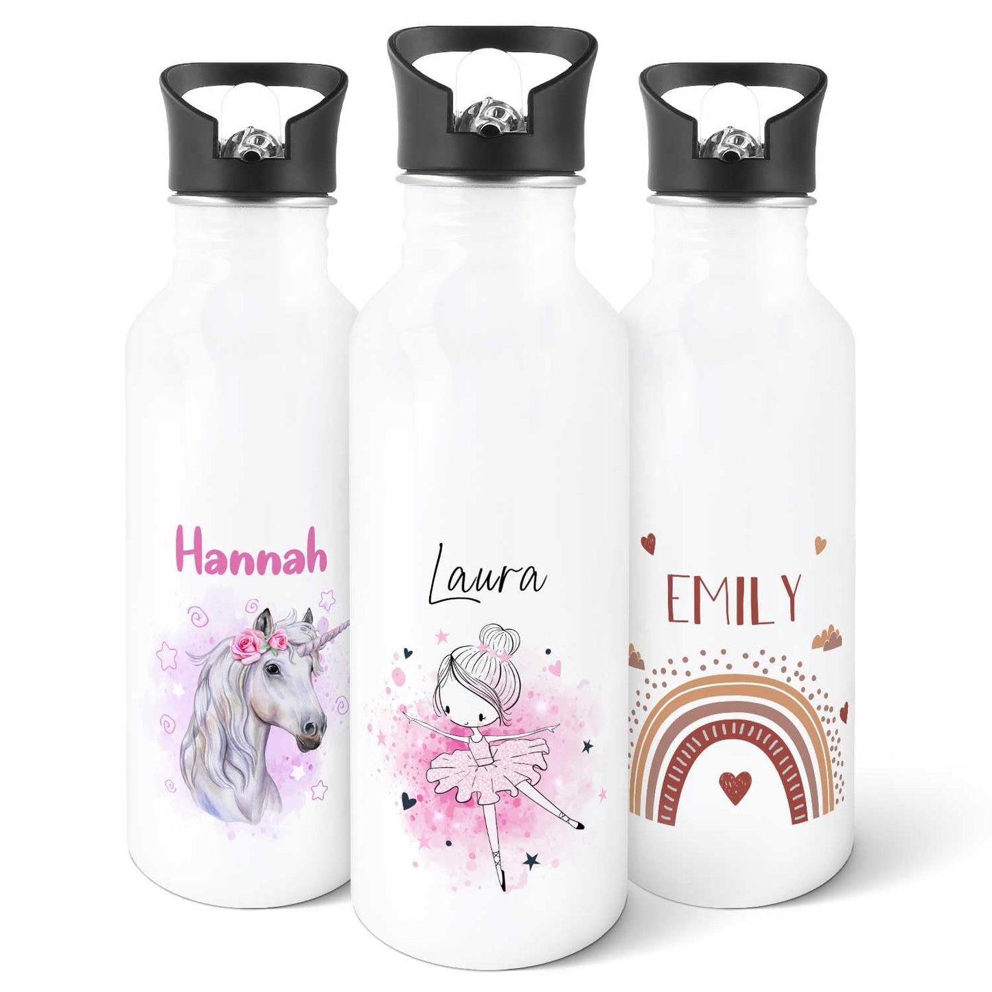 ENGRAVING LINE - Stainless steel water bottle - Ballerina design - Personalized with name - 600 ml - Leak-proof with flip-up spout and integrated straw.