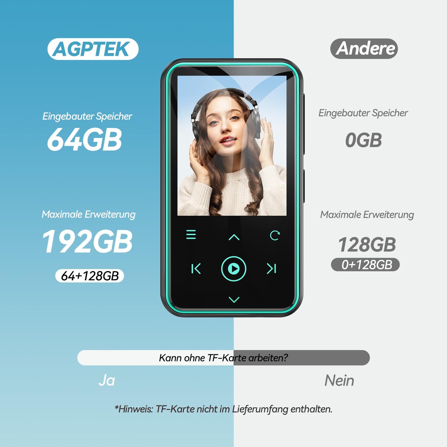 AGPTEK 64GB MP3 player with sport clip, Bluetooth 5.3 player with 1.8-inch TFT color screen, mini music player with touch buttons, FM radio, pedometer, supports up to 128GB SD card, blue.