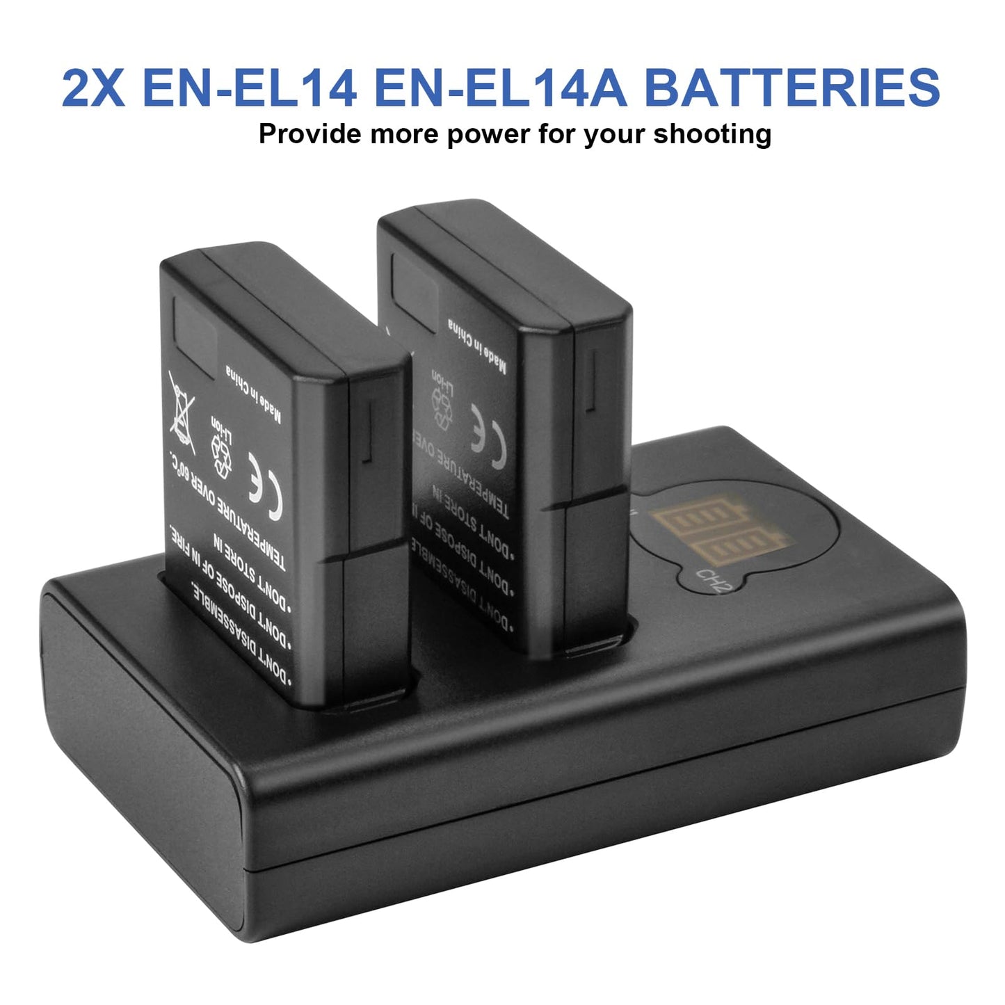 2X EN-EL14 EN-EL14a Replacement Battery Compatible with Nikon D5600 D5500 D5300 D5200 D5100 D3500 D3400 D3300 D3200 D3100 Df Coolpix P7800 P7700 P7200 P7100 P7000