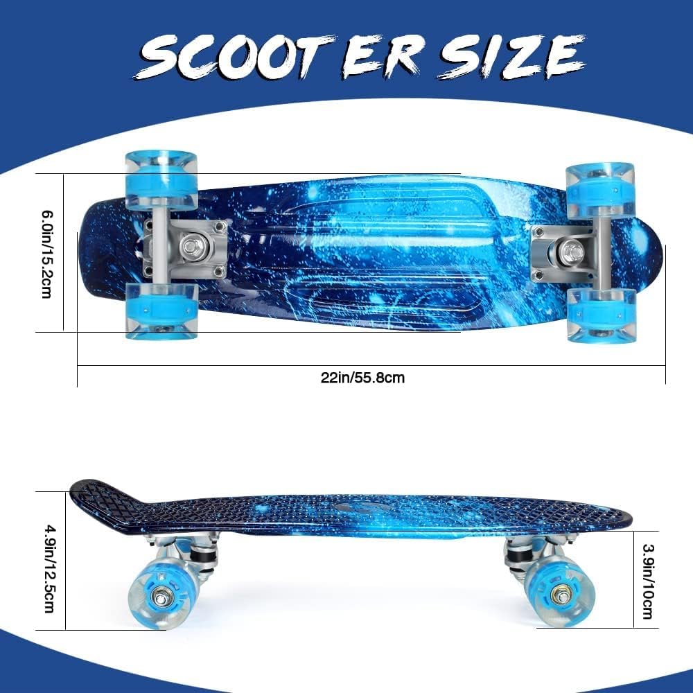 BELEEV Children's Skateboard 22 Inch with LED Light-up Wheels, Complete Mini Cruiser Skateboard for Kids Teens Adults, LED Light-up Wheels with All-in-one Skate T-Tool for Beginners