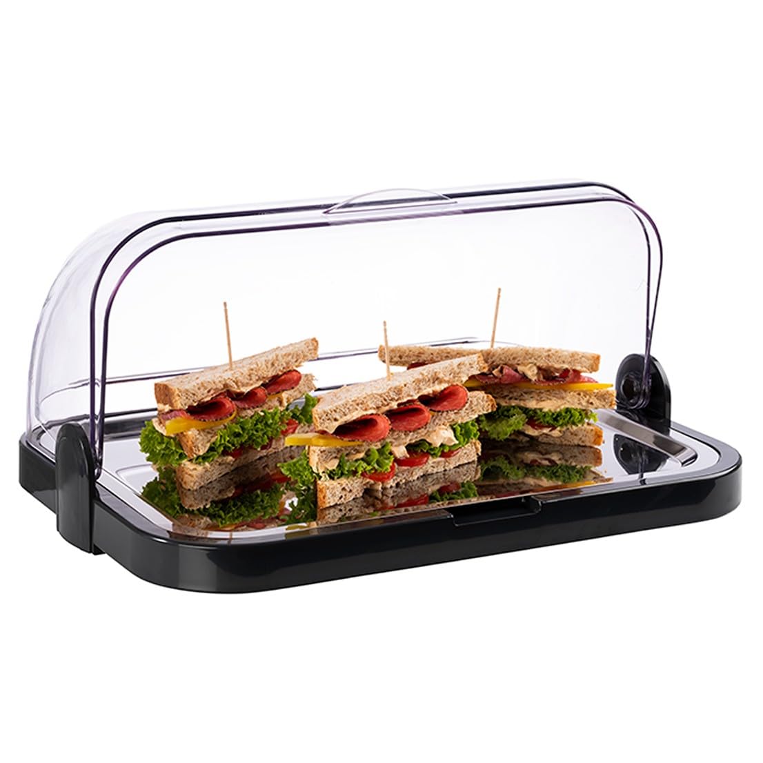 APS Buffet Display Case - Double-sided transparent roll top cover, one tray, ONE stainless steel tray, and TWO cooling packs - Made in Germany.