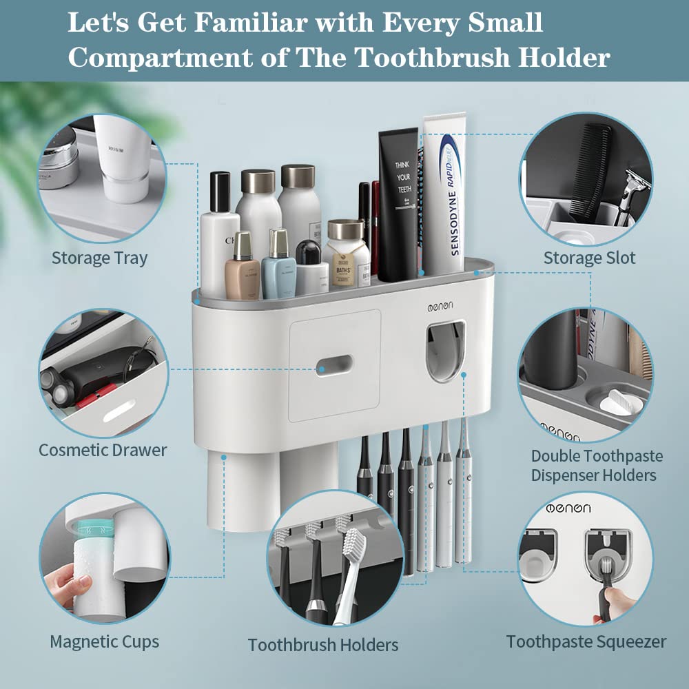 BHeadCat toothbrush holder, wall-mounted toothbrush holder with double automatic toothpaste dispenser for kids and adults, 6 brush slots, 2 magnetic cups, Gray.
