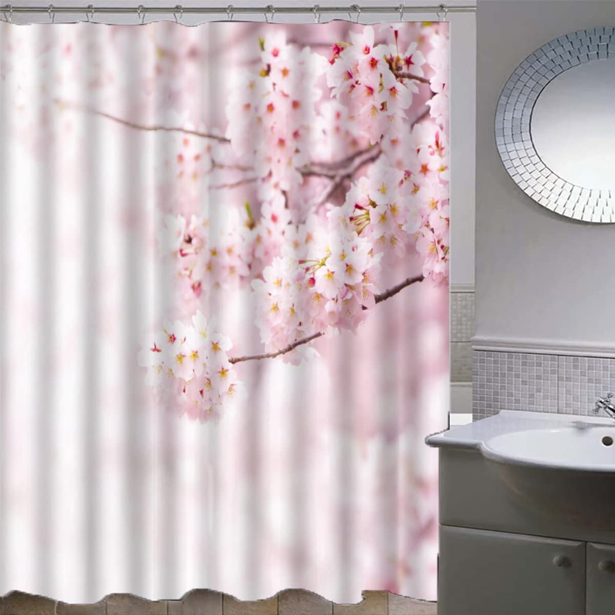 Shower curtain 240x200 Pink Sakura Anti-Mold Waterproof Extra Long Shower Curtains with 12 Shower Curtain Rings Flower 3D Design Bath Curtain for Bathtub Bathroom