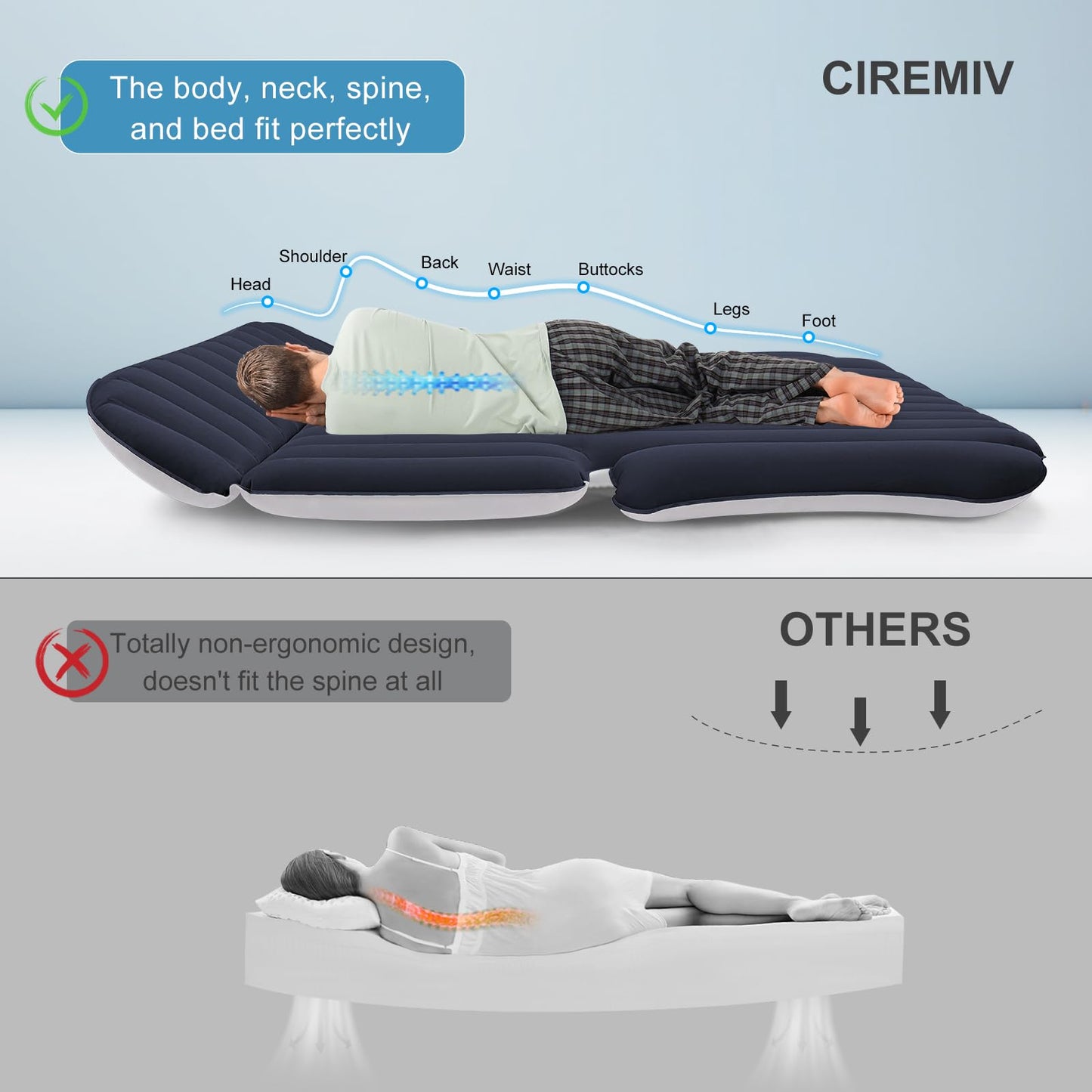 Ciremiv car mattress with double-sided, thick flocking, car air mattress with pump and built-in pillow/leak-proof, comfortable, durable car bed for car camping, road trips.