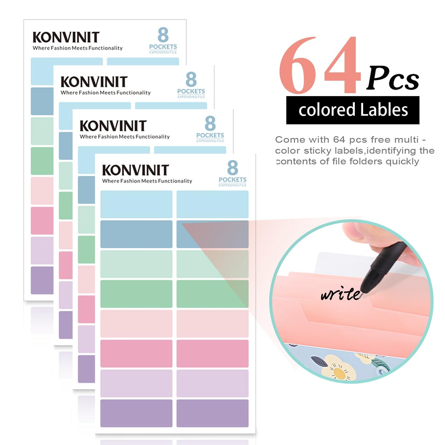 KONVINIT A4 expanding file with 7 compartments. Floral document organizer for home, school, and work trips. Large capacity. Set of 4.