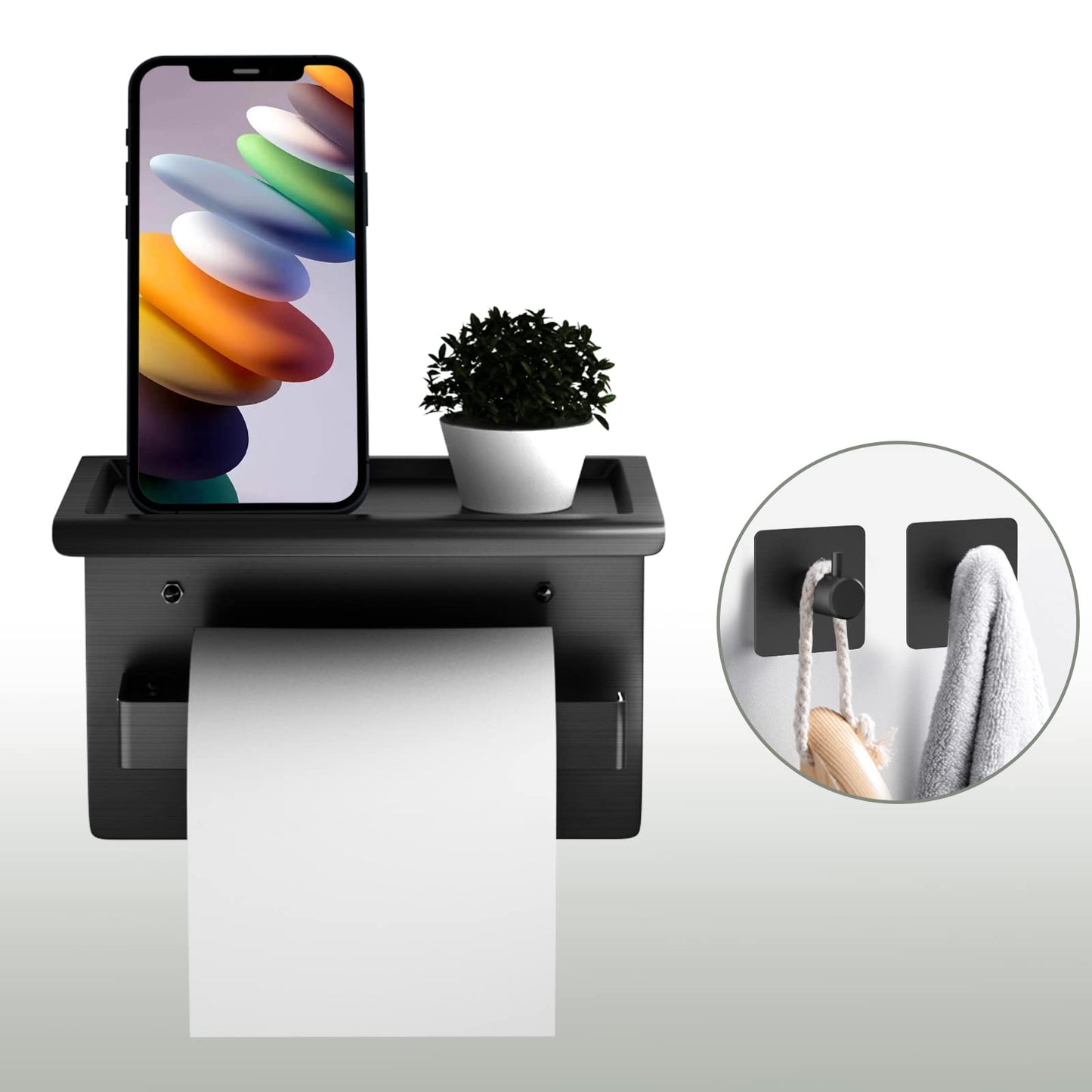 Acmetop toilet paper holder without drilling, aluminum TP holder with 17 cm shelf. Self-adhesive toilet paper holder with 2 adhesive hooks for wall mounting. Toilet roll holder for kitchen and bathroom in black.