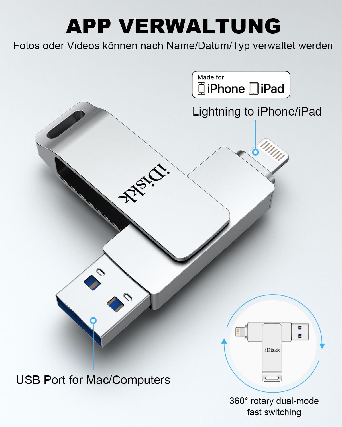 iDiskk MFi-certified 64GB Lightning-USB Photo Stick, Storage Extension Backup Flash Drive