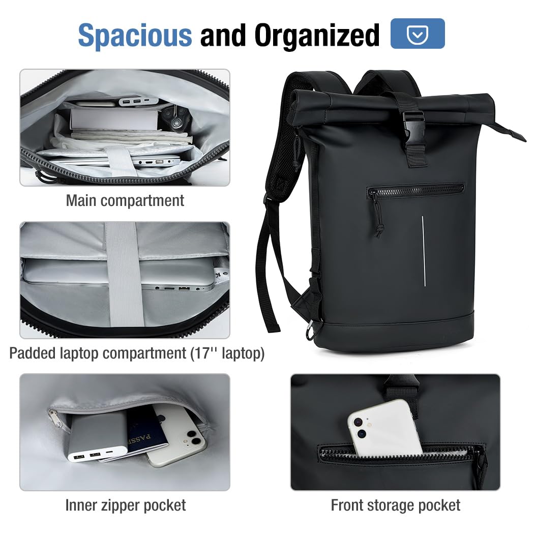 Lekeinchi Rolltop Backpack Waterproof for Women & Men, Large Laptop Backpack with Computer Compartment for 17 Inch Laptop, Stylish Travel Daypack for Travel, Cycling, University School--Black