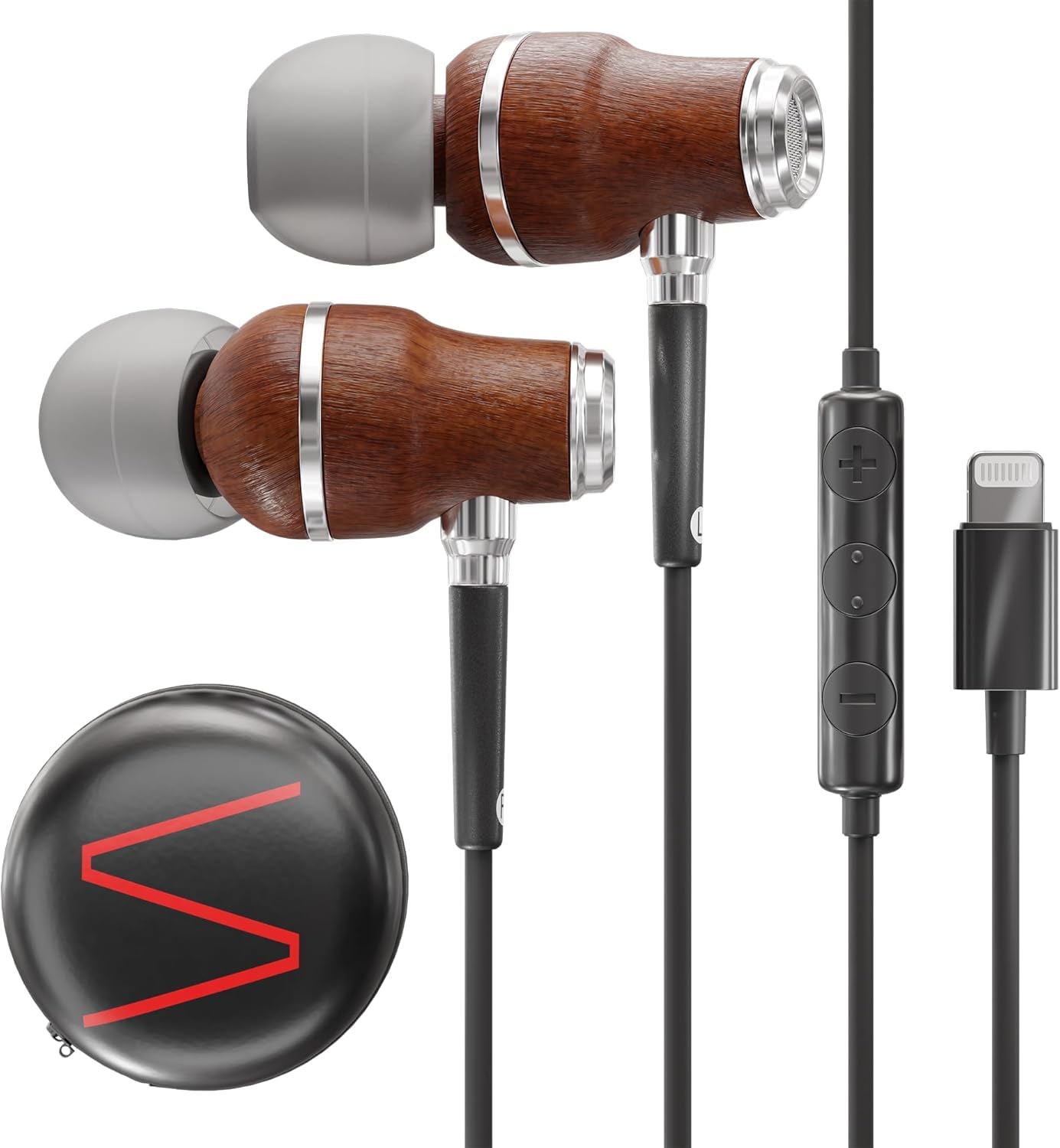 Symphonized® iPhone headphones with Apple MFI certification, wired headphones for iPhone, noise-cancelling in-ear headphones, 8mm bass, 3D sound from Bubinga wood, volume control for iPhone and iPad. NRG