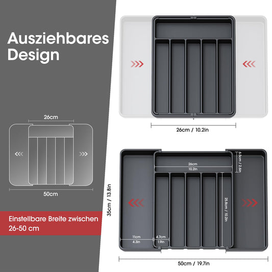 Aujen Cutlery Tray for Drawers - Detachable Cutlery Insert for Drawers, Expandable Practical Drawer Organizer, Efficient and Versatile Kitchen Organizer, Black, Large