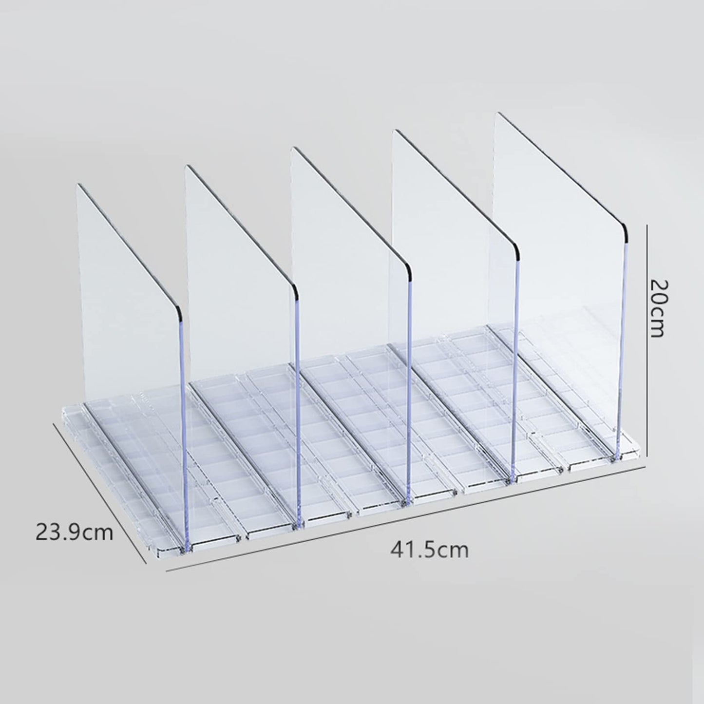 5 transparent plastic shelf dividers for cabinets, perfect for handbags, wallets, clothing, and more. Removable and ideal for organizing bedroom, kitchen, or office cabinets.