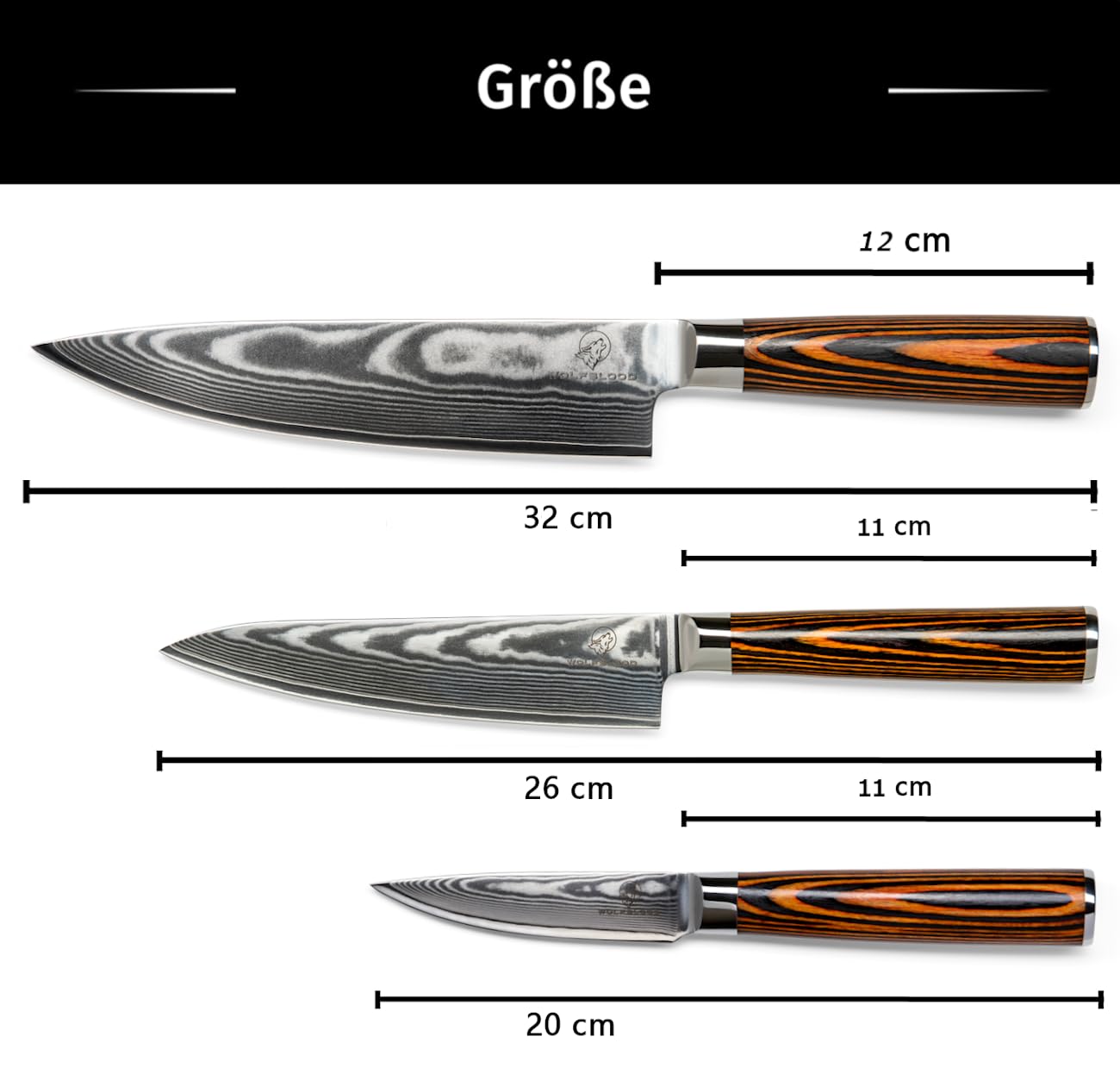 Wolfblood 3-piece Damascus Knife Set (32, 26, and 20cm) Professional kitchen knife set made of genuine 67-layer Damascus steel. Includes Chef's knife, Office knife, wooden handle, gift box, and blade guard.