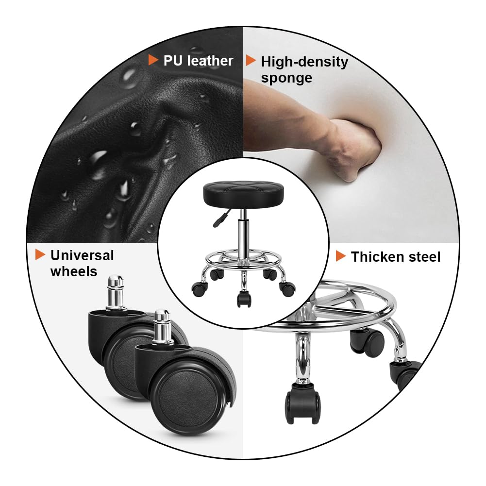 KKTONER Rolling Stool Work Stool Bar Stool height adjustable 49-64cm swivel in faux leather Black
