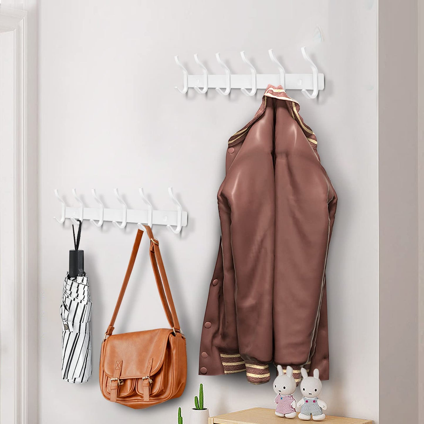 MEIJO stainless steel coat hooks, hook rail with 6 hooks, coat rack wall mounted for bedroom bathroom kitchen (White, 6 hooks 2 pieces)