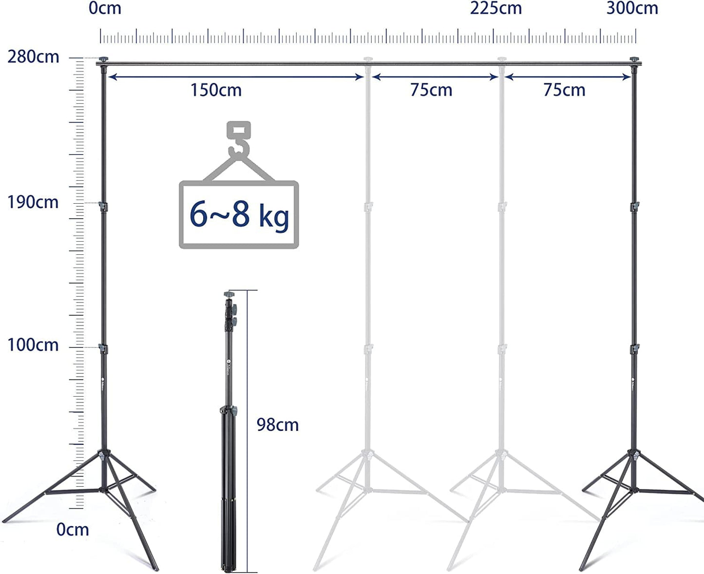 Potaeco Photo Background Stand, 2.8x3M Backdrop Stand Adjustable Photo Studio Support System with 6 Background Clips, 2 Sandbags and Carrying Bag for Portrait Product Photography, Wedding Parties