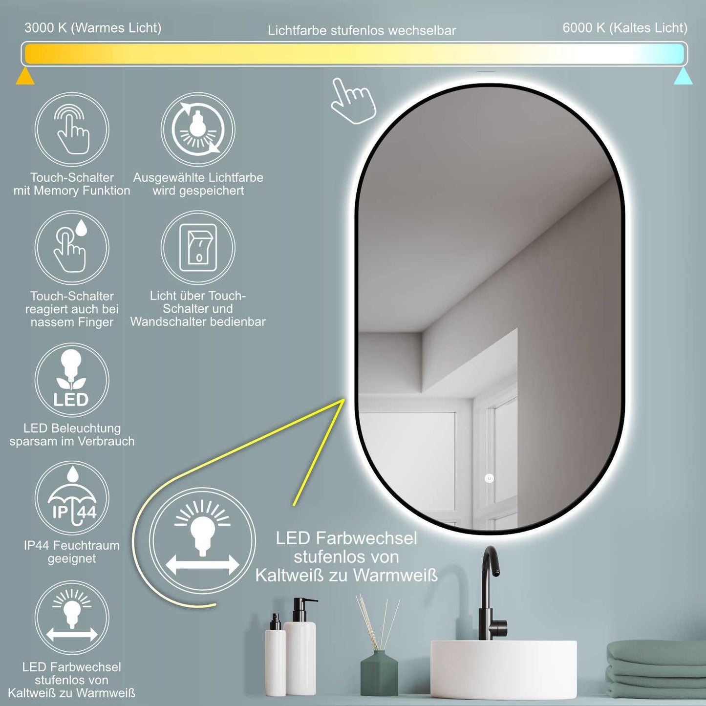 HOKO Design LED light mirror oval 50x90 cm / 90x50 cm Palermo with black metal frame. Mountable vertically or horizontally. LED illuminated bathroom wall mirror, touch switch + light change warm white - cool white - neutral.