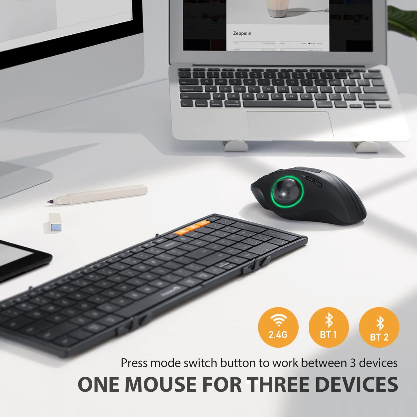 ProtoArc EM01 Bluetooth trackball mouse wireless, RGB 2.4GHz rechargeable ergonomic mouse, 5 adjustable DPI, thumb control, adjustable angle, for PC, iPad, Mac, Windows