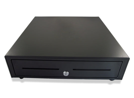 Cash drawer QUORION 410F for PC/POS cash systems & receipt printers with 9 12 or 24 V connection RJ11 with 8 coin and 4 bill compartments, 2 keys, robust original equipment manufacturer quality.